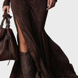 Vestido largo castanho com cinto