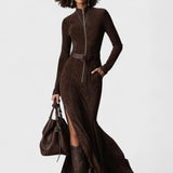 Vestido largo castanho com cinto